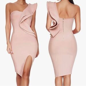 Elegant One Shoulder Ruffle Dress in Pink